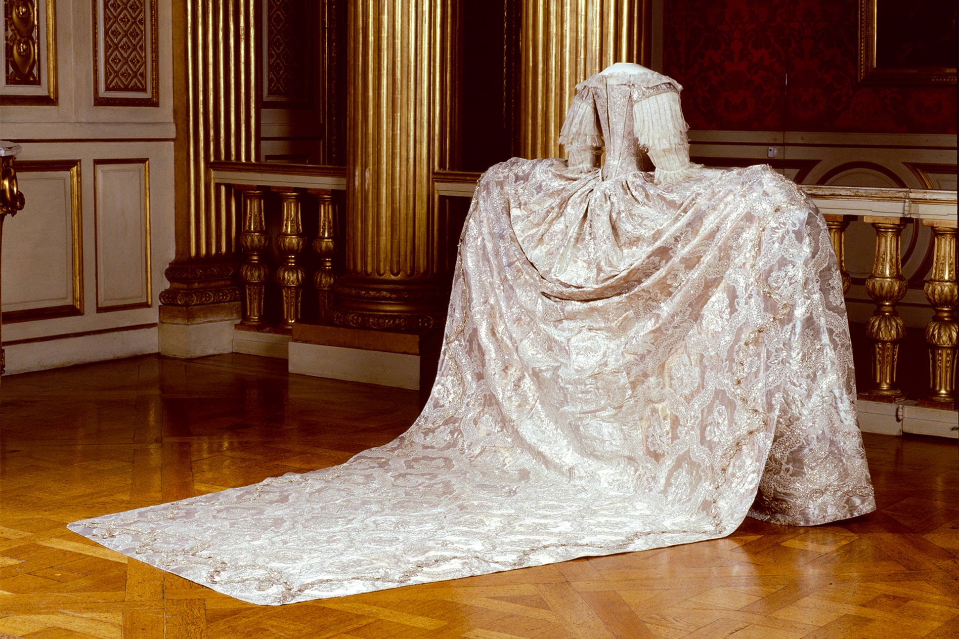 Sofia Magdalena's wedding gown at the Royal Armoury in the Swedish Royal Palace, Stockholm, Sweden